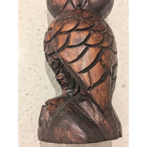 9" Owl Detailed Hand Turned Carved Wood Wooden Sculpture Statue Decor Rustic - Picture 4 of 12